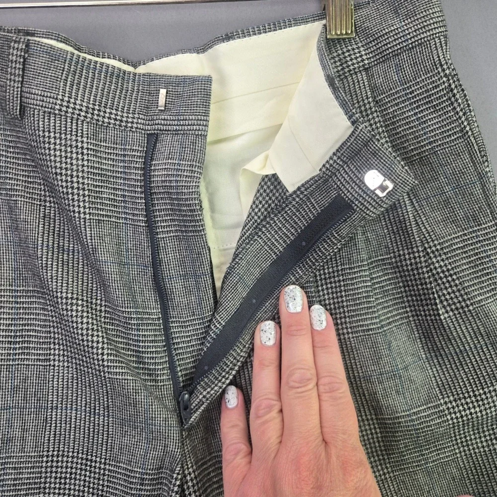 Vintage Pleated Trousers Glen Plaid Check Pants 29x26 Grey Blue Dress Slacks